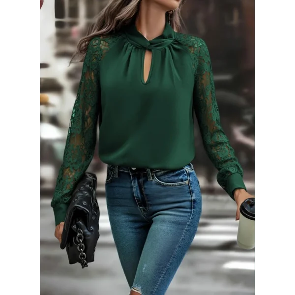 Kadın Uzun Kollu Yaka Düğme Detay Güpürlü Kol Krep Bluz