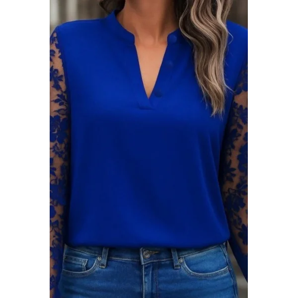 Kadın Uzun Kollu Yaka Düğme Detay Güpürlü Kol Krep Bluz