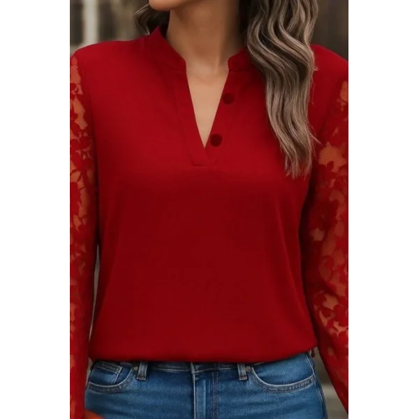 Kadın Uzun Kollu Yaka Düğme Detay Güpürlü Kol Krep Bluz