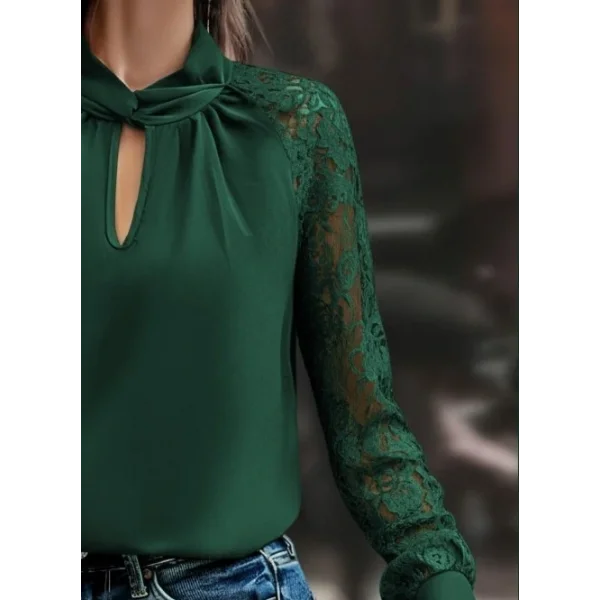 Kadın Uzun Kollu Yaka Düğme Detay Güpürlü Kol Krep Bluz