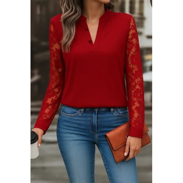 Kadın Uzun Kollu Yaka Düğme Detay Güpürlü Kol Krep Bluz