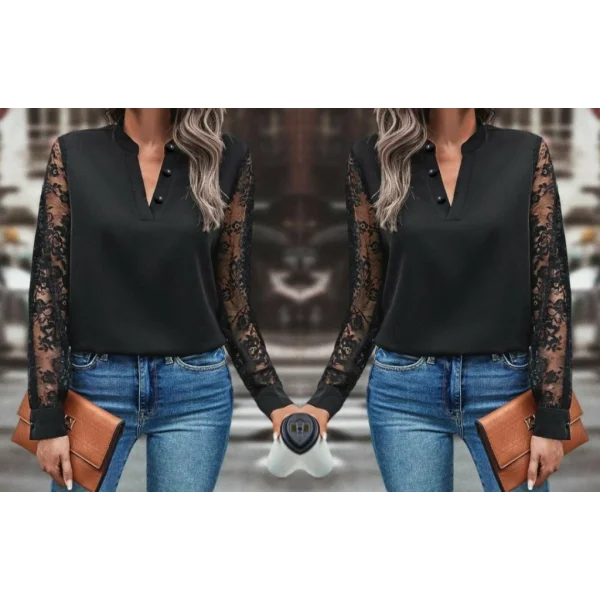 Kadın Uzun Kollu Yaka Düğme Detay Güpürlü Kol Krep Bluz