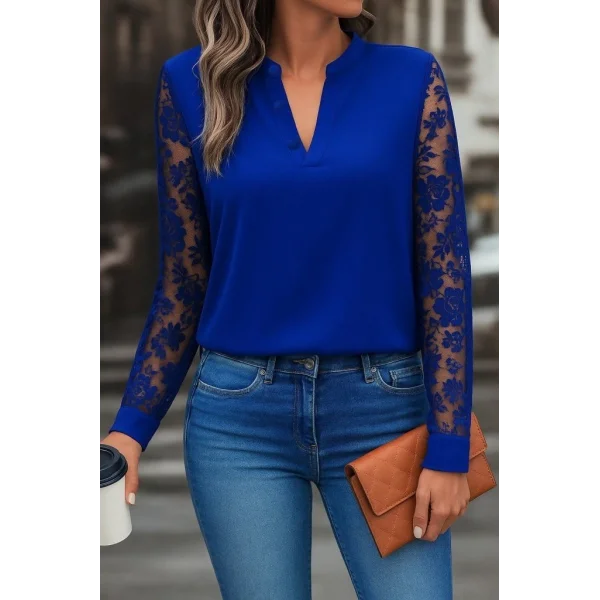 Kadın Uzun Kollu Yaka Düğme Detay Güpürlü Kol Krep Bluz