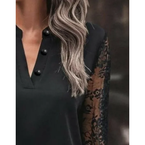 Kadın Uzun Kollu Yaka Düğme Detay Güpürlü Kol Krep Bluz