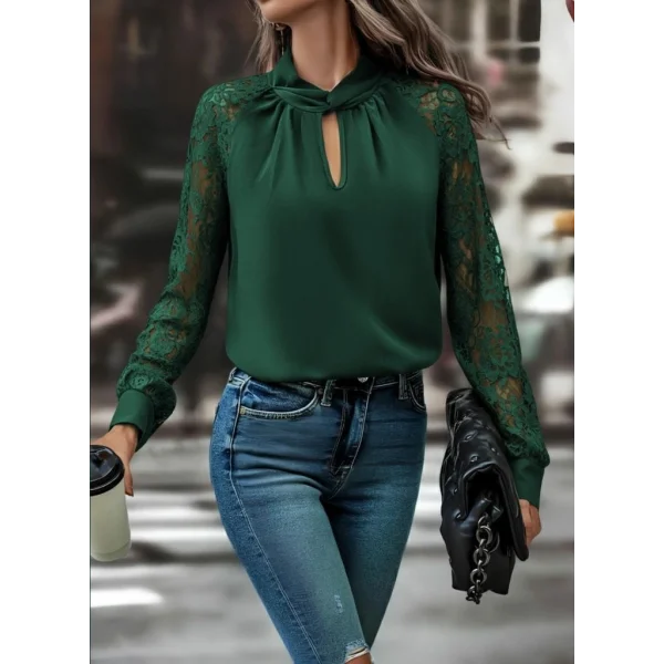 Kadın Uzun Kollu Yaka Düğme Detay Güpürlü Kol Krep Bluz