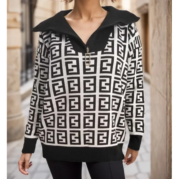 Kadın Uzun Kollu Yaka Fermuarlı Triko Bluz