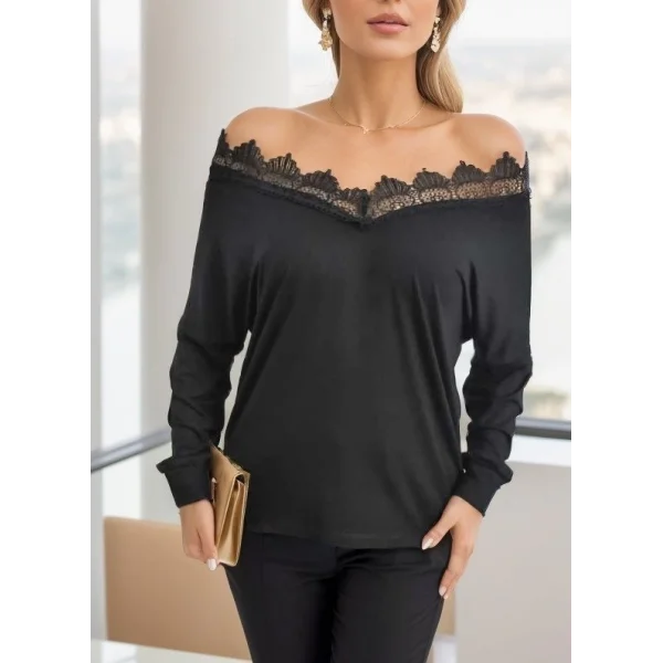 Kadın Uzun Kollu Yaka Güpür Detay Viskon Bluz