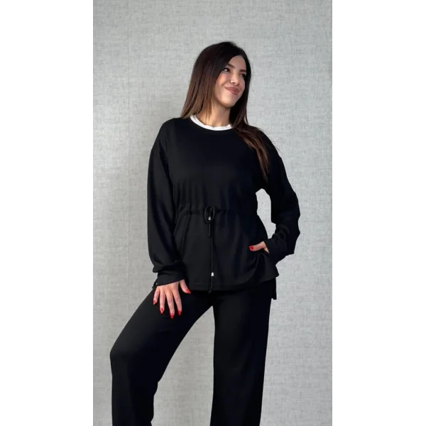 Kadın Uzun Kollu Yaka Ve Büzgü Detay Tunik Ve Pantolon Ikili Takım