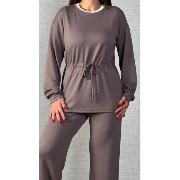 Kadın Uzun Kollu Yaka Ve Büzgü Detay Tunik Ve Pantolon Ikili Takım