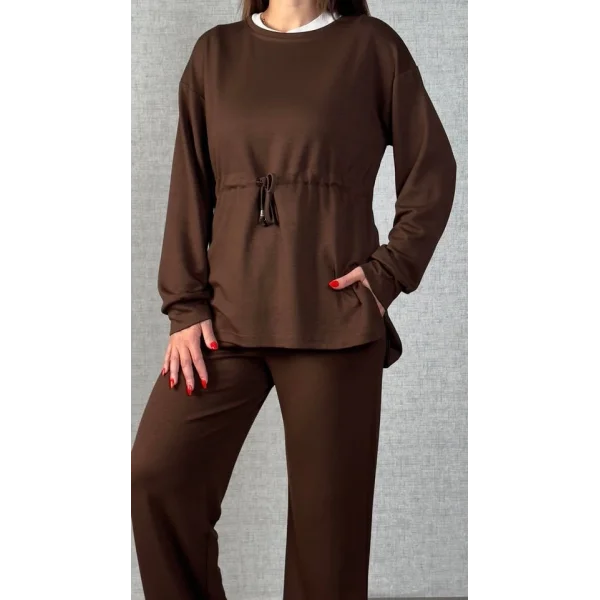 Kadın Uzun Kollu Yaka Ve Büzgü Detay Tunik Ve Pantolon Ikili Takım