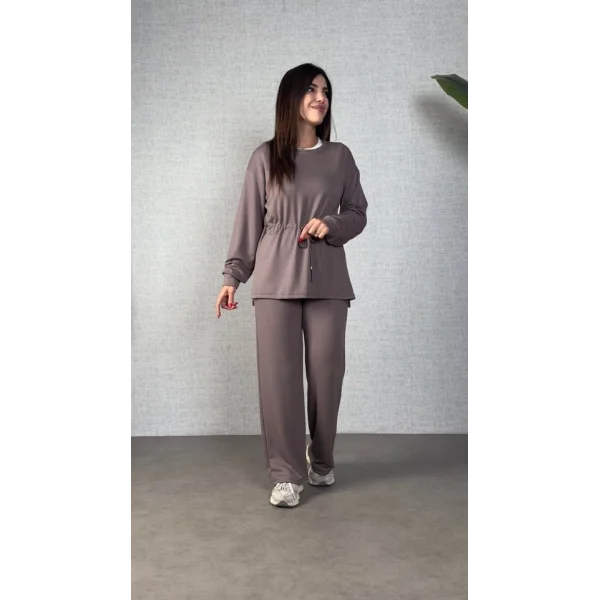 Kadın Uzun Kollu Yaka Ve Büzgü Detay Tunik Ve Pantolon Ikili Takım