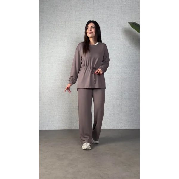 Kadın Uzun Kollu Yaka Ve Büzgü Detay Tunik Ve Pantolon Ikili Takım