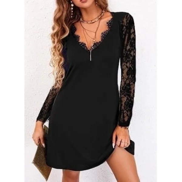 Kadın Uzun Kollu Yaka Ve Kol Dantel Detay Sandy Mini Boy Elbise