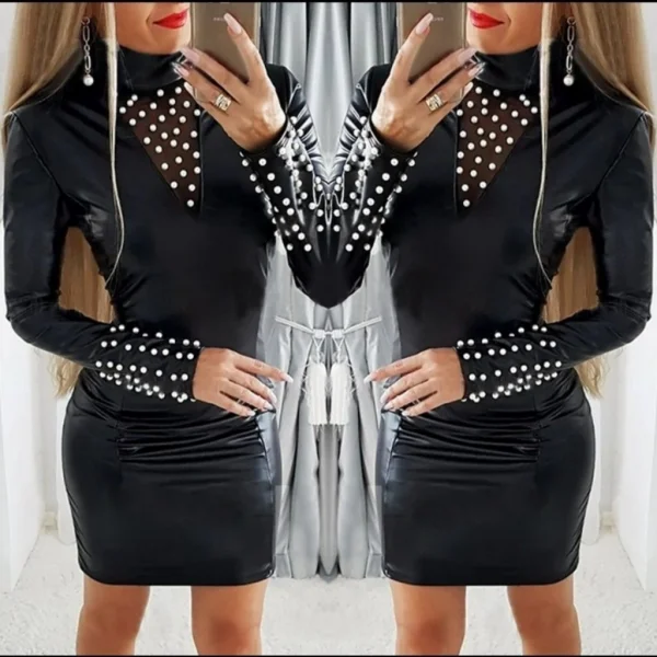 Kadın Uzun Kollu Yaka Ve Kol Inci Detay Deri Mini Boy Elbise