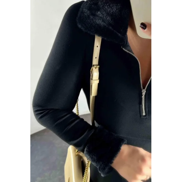 Kadın Uzun Kollu Yaka Ve Manşetleri Peluş Detay Fermuar Dekolteli Mini Elbise