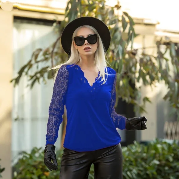 Kadın Uzun Kollu Yaka Ve Tül Detay Viskon Bluz