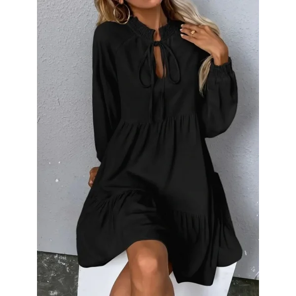 Kadın Uzun Kollu Yakadan Bağcıklı Fırfırlı Keten Mini Elbise