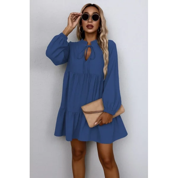 Kadın Uzun Kollu Yakadan Bağcıklı Fırfırlı Keten Mini Elbise