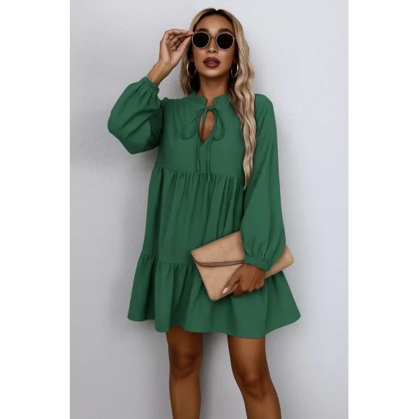 Kadın Uzun Kollu Yakadan Bağcıklı Fırfırlı Keten Mini Elbise
