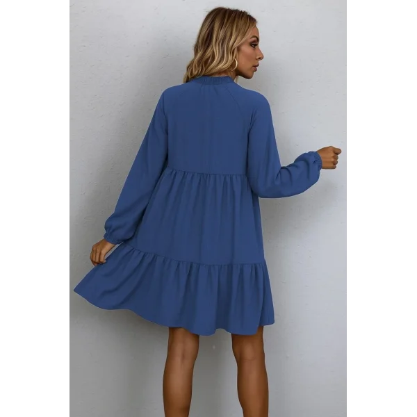 Kadın Uzun Kollu Yakadan Bağcıklı Fırfırlı Keten Mini Elbise