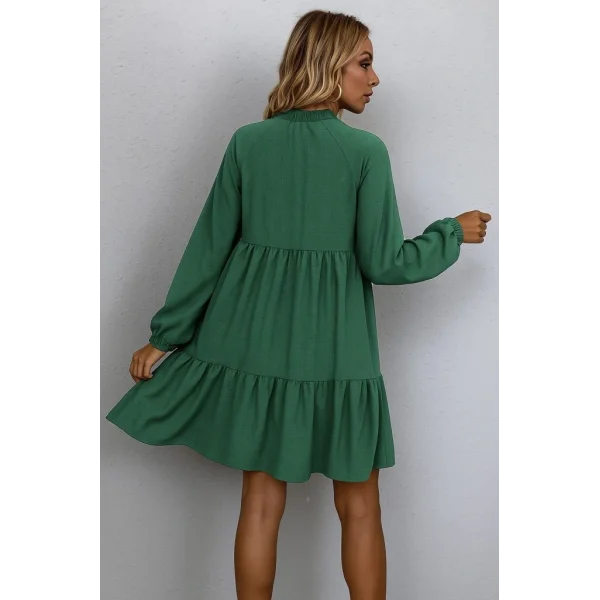 Kadın Uzun Kollu Yakadan Bağcıklı Fırfırlı Keten Mini Elbise