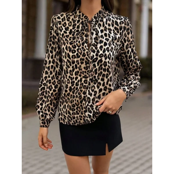 Kadın Uzun Kollu Yakadan Bağcıklı Leopar Desenli Süprem Bluz
