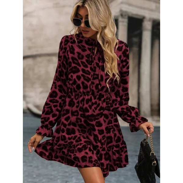 Kadın Uzun Kollu Yakadan Bağcıklı Modal Leopar Desenli Mini Elbise