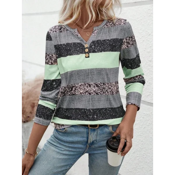 Kadın Uzun Kollu Yakadan Düğmeli çizgili Desenli Süprem Bluz