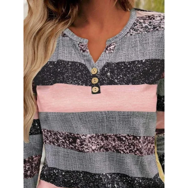 Kadın Uzun Kollu Yakadan Düğmeli çizgili Desenli Süprem Bluz