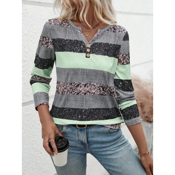 Kadın Uzun Kollu Yakadan Düğmeli çizgili Desenli Süprem Bluz
