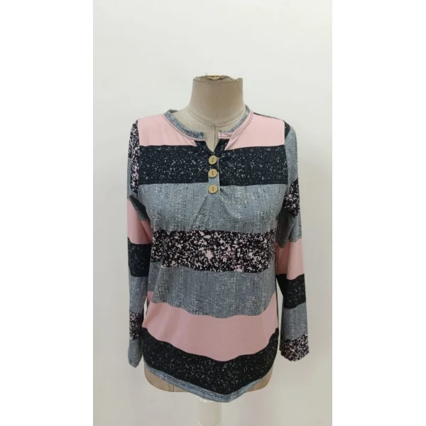 Kadın Uzun Kollu Yakadan Düğmeli çizgili Desenli Süprem Bluz