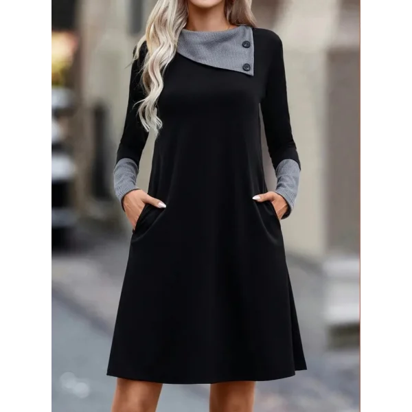 Kadın Uzun Kollu Yakadan Düğmeli Kısa Viskon Iki Iplik Elbise