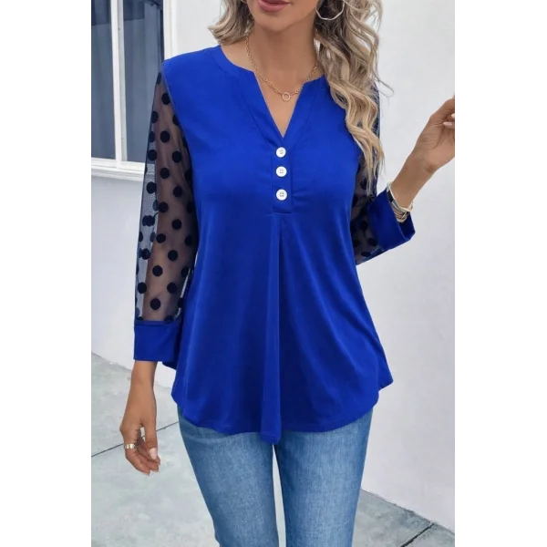 Kadın Uzun Kollu Yakadan Düğmeli Kolları Tül Detaylı Viskon Bluz