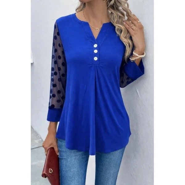 Kadın Uzun Kollu Yakadan Düğmeli Kolları Tül Detaylı Viskon Bluz