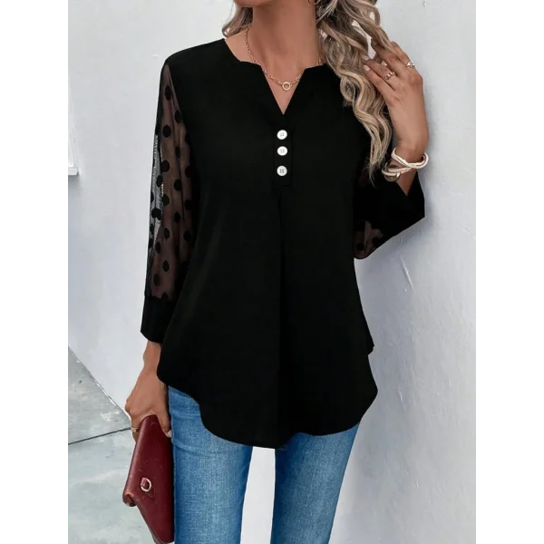 Kadın Uzun Kollu Yakadan Düğmeli Kolları Tül Detaylı Viskon Bluz