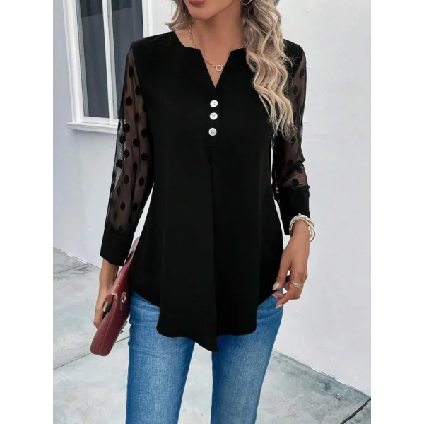 Kadın Uzun Kollu Yakadan Düğmeli Kolları Tül Detaylı Viskon Bluz