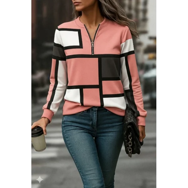 Kadın Uzun Kollu Yakadan Fermuarlı Desenli şardonlu Dalgıç Bluz