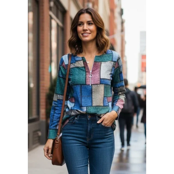 Kadın Uzun Kollu Yakadan Fermuarlı Kot Görünüm Desenli Uzun Modal Bluz