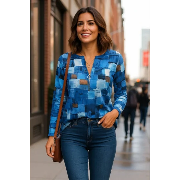 Kadın Uzun Kollu Yakadan Fermuarlı Kot Görünüm Desenli Uzun Modal Bluz