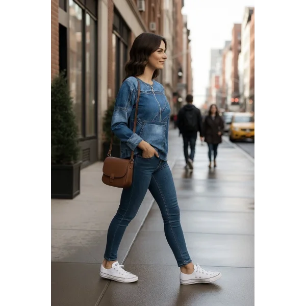 Kadın Uzun Kollu Yakadan Fermuarlı Kot Görünüm Desenli Uzun Modal Bluz