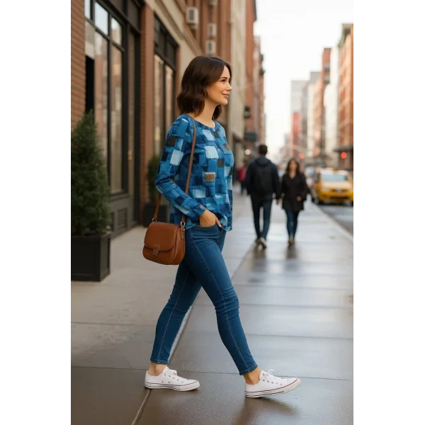 Kadın Uzun Kollu Yakadan Fermuarlı Kot Görünüm Desenli Uzun Modal Bluz