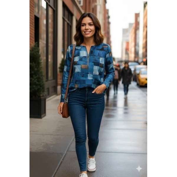 Kadın Uzun Kollu Yakadan Fermuarlı Kot Görünüm Desenli Uzun Modal Bluz