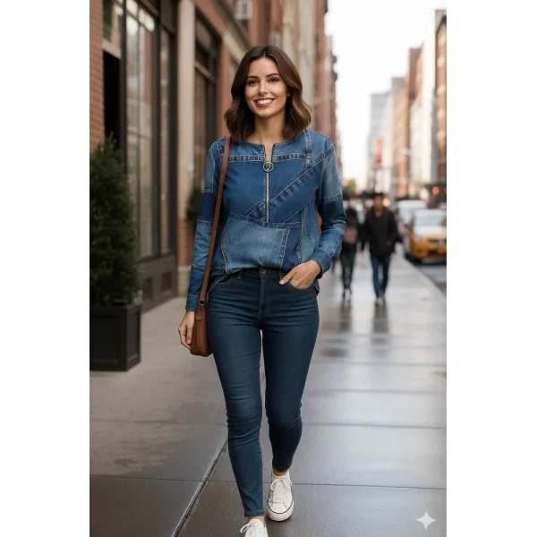 Kadın Uzun Kollu Yakadan Fermuarlı Kot Görünüm Desenli Uzun Modal Bluz