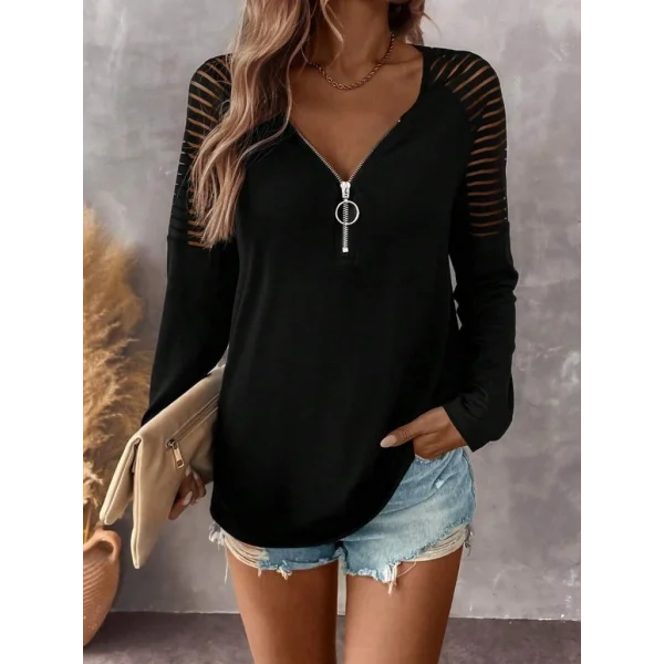 Kadın Uzun Kollu Yakadan Fermuarlı Viskon Bluz