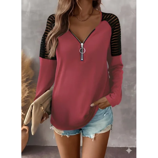 Kadın Uzun Kollu Yakadan Fermuarlı Viskon Bluz