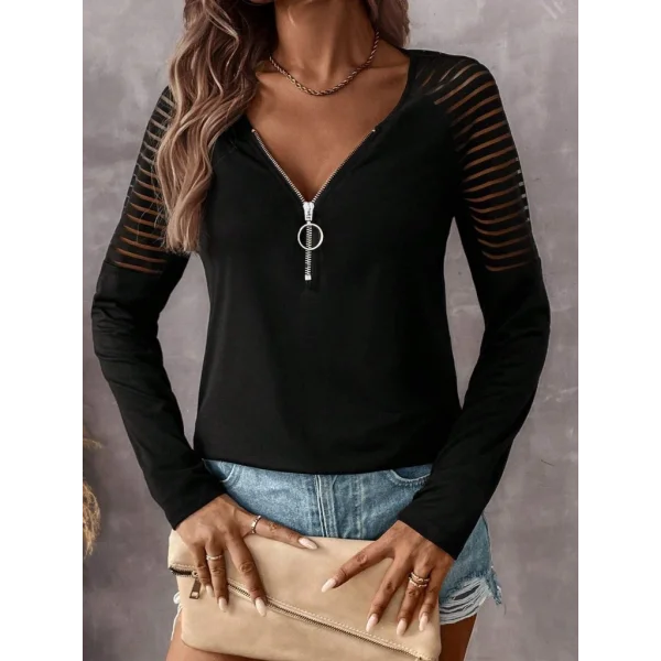 Kadın Uzun Kollu Yakadan Fermuarlı Viskon Bluz