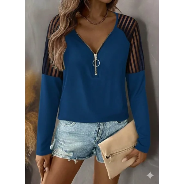 Kadın Uzun Kollu Yakadan Fermuarlı Viskon Bluz