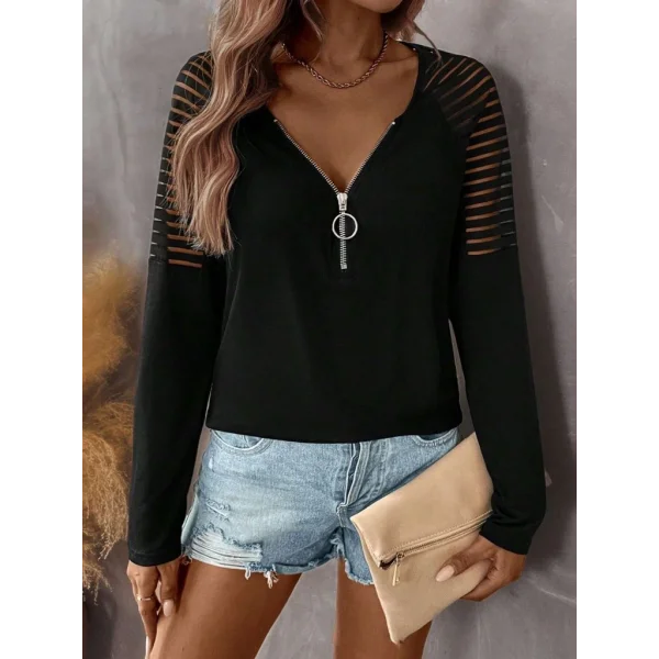 Kadın Uzun Kollu Yakadan Fermuarlı Viskon Bluz