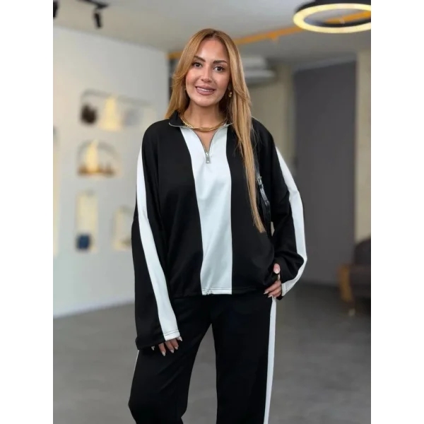 Kadın Uzun Kollu Yakadan Fermuarlı Viskon Iki Iplik Bluz Ve Pantolon Ikili Takım