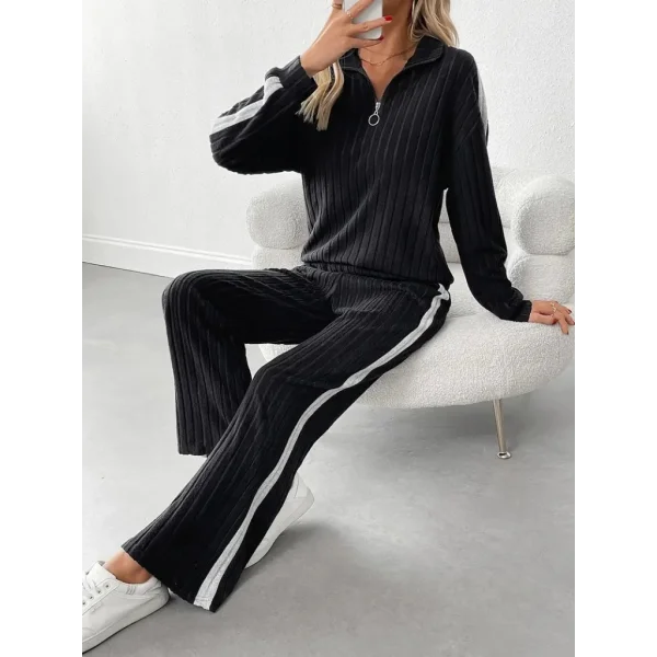 Kadın Uzun Kollu Yakadan Fermuarlı Yanları şerit Detaylı şardonlu Kaşkorse Bluz Ve Pantolon Ikili Takım